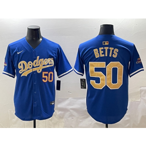 MLB Dodgers 50 Mookie Betts 2025 Blue Gold Collection Nike Cool Base Men Jersey
