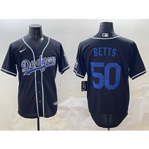MLB Dodgers 50 Mookie Betts Black Blue Nike Cool Base Men Jersey