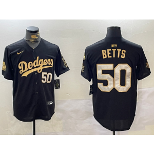MLB Dodgers 50 Mookie Betts Black Gold 2024 World Series Nike Cool Base Men Jersey