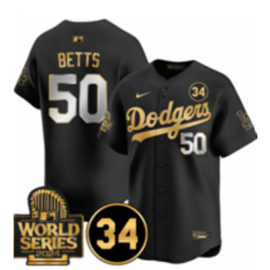 MLB Dodgers 50 Mookie Betts Black Gold 2024 World Series Nike Cool Base Men Jersey with 34 Patch
