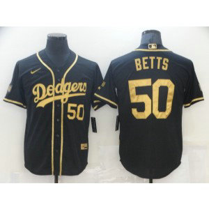 MLB Dodgers 50 Mookie Betts Black Gold Cool Base Men Jersey