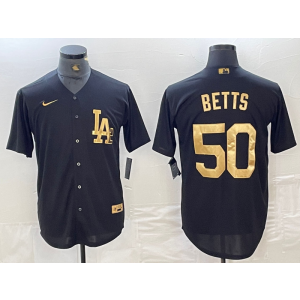 MLB Dodgers 50 Mookie Betts Black Gold Nike Cool Base Men Jersey