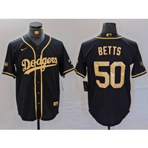 MLB Dodgers 50 Mookie Betts Black Gold Nike Cool Base Men Jersey