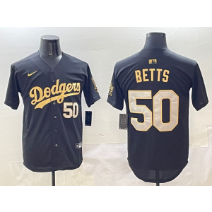 MLB Dodgers 50 Mookie Betts Black Gold Nike Cool Base Men Jersey