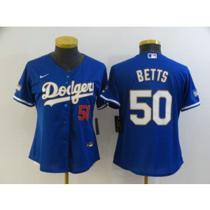 MLB Dodgers 50 Mookie Betts Blue Gold Champion Cool Base Women Jersey