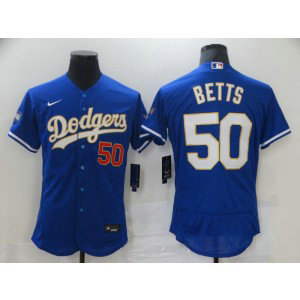 MLB Dodgers 50 Mookie Betts Blue Gold Champion Nike Cool Base Men Jersey