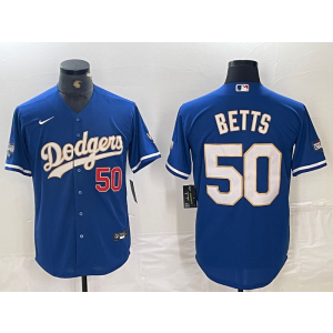 MLB Dodgers 50 Mookie Betts Blue Gold Nike Cool Base Men Jersey
