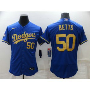MLB Dodgers 50 Mookie Betts Blue Gold Nike Flexbase Men Jersey