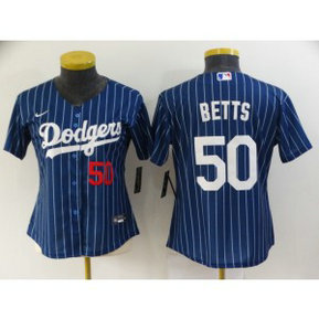 MLB Dodgers 50 Mookie Betts Blue Nike Cool Base Women Jersey