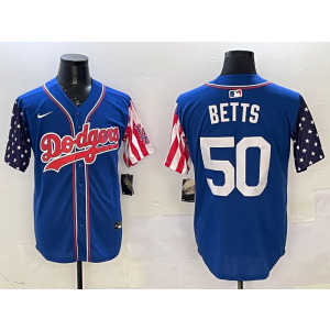 MLB Dodgers 50 Mookie Betts Blue USA Flag Nike Cool Base Men Jersey