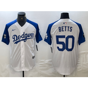 MLB Dodgers 50 Mookie Betts Blue White Nike Cool Base Men Jersey