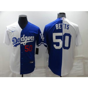 MLB Dodgers 50 Mookie Betts Blue White Split Nike Cool Base Men Jersey