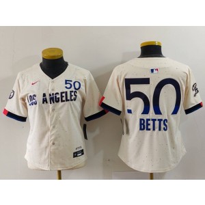 MLB Dodgers 50 Mookie Betts Cream 2024 City Connect Nike Cool Base Women Jersey