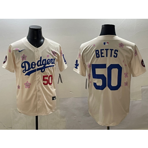 MLB Dodgers 50 Mookie Betts Cream 2025 Tokyo Series Nike Cool Base Men Jersey