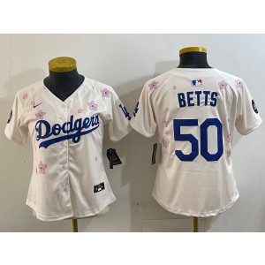 MLB Dodgers 50 Mookie Betts Cream 2025 Tokyo Series Nike Cool Base Women Jersey