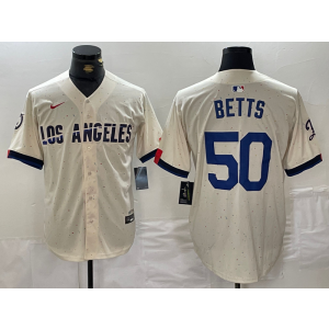 MLB Dodgers 50 Mookie Betts Cream Nike Cool Base Men Jersey
