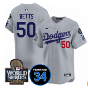 MLB Dodgers 50 Mookie Betts Grey 2024 World Series Nike Cool Base Men Jersey with 34 Patch