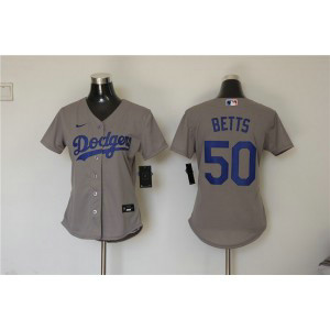 MLB Dodgers 50 Mookie Betts Grey Nike Cool Base Women Jersey