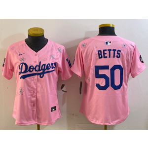 MLB Dodgers 50 Mookie Betts Pink 2025 Tokyo Series Nike Cool Base Women Jersey