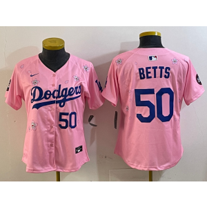 MLB Dodgers 50 Mookie Betts Pink 2025 Tokyo Series Nike Cool Base Youth Jersey
