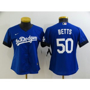 MLB Dodgers 50 Mookie Betts Royal 2021 City Connect Cool Base Women Jersey