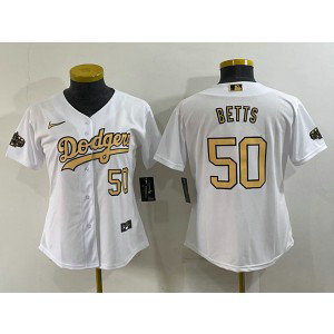 MLB Dodgers 50 Mookie Betts White 2022 All-Star Nike Cool Base Women Jersey(Run Small)