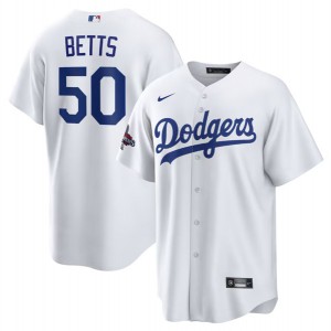 MLB Dodgers 50 Mookie Betts White 2024 World Series Champions Cool Base Men Jersey