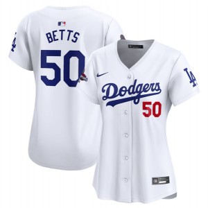 MLB Dodgers 50 Mookie Betts White 2024 World Series Champions Cool Base Women Jersey(Run Small)