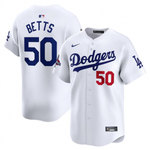 MLB Dodgers 50 Mookie Betts White 2024 World Series Champions Nike Cool Base Men Jersey