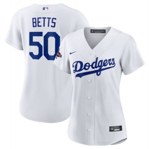 MLB Dodgers 50 Mookie Betts White 2024 World Series Champions Women Jersey(Run Small)