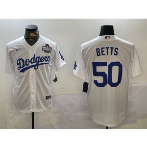 MLB Dodgers 50 Mookie Betts White 2024 World Series Nike Cool Base Men Jersey