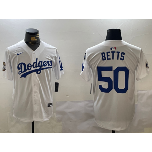 MLB Dodgers 50 Mookie Betts White 2024 World Series Nike Cool Base Men Jersey with 34 Patch