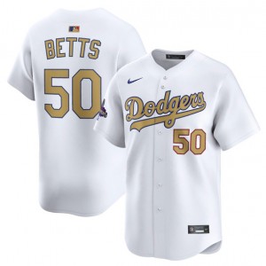 MLB Dodgers 50 Mookie Betts White 2025 Gold Collection Nike Cool Base Men Jersey