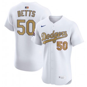 MLB Dodgers 50 Mookie Betts White 2025 Gold Collection Nike Flexbase Men Jersey