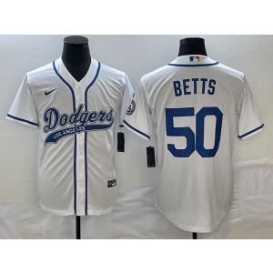 MLB Dodgers 50 Mookie Betts White Baseball Logo Nike Cool Base Men Jersey