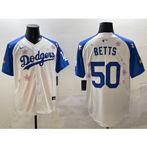 MLB Dodgers 50 Mookie Betts White Blue 2025 Tokyo Series Nike Cool Base Men Jersey