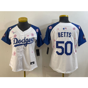 MLB Dodgers 50 Mookie Betts White Blue 2025 Tokyo Series Nike Cool Base Women Jersey