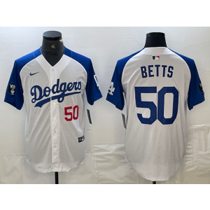 MLB Dodgers 50 Mookie Betts White Blue Nike Cool Base Men Jersey