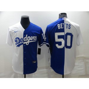 MLB Dodgers 50 Mookie Betts White Blue Split Nike Cool Base Men Jersey