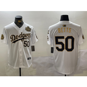 MLB Dodgers 50 Mookie Betts White Gold 2024 World Series Nike Cool Base Men Jersey