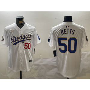 MLB Dodgers 50 Mookie Betts White Gold 2024 World Series Nike Cool Base Men Jersey