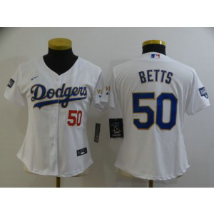 MLB Dodgers 50 Mookie Betts White Gold Champion Cool Base Women Jersey