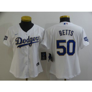 MLB Dodgers 50 Mookie Betts White Gold Champion Cool Base Women Jerseys