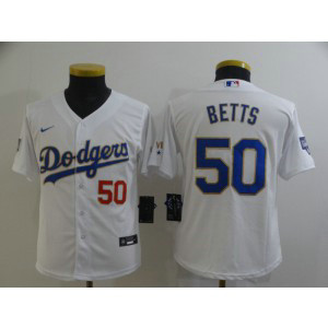 MLB Dodgers 50 Mookie Betts White Gold Champion Cool Base Youth Jersey