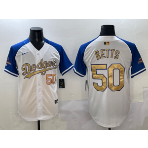 MLB Dodgers 50 Mookie Betts White Gold Champion Nike Cool Base Men Jersey