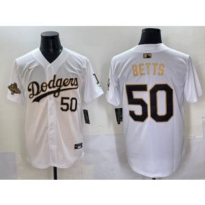MLB Dodgers 50 Mookie Betts White Gold Nike Cool Base Men Jersey