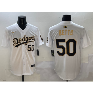 MLB Dodgers 50 Mookie Betts White Gold Nike Cool Base Men Jersey