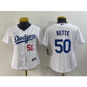 MLB Dodgers 50 Mookie Betts White Nike Cool Base Women Jersey