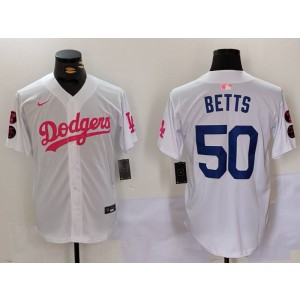 MLB Dodgers 50 Mookie Betts White Pink Nike Cool Base Men Jersey