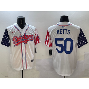 MLB Dodgers 50 Mookie Betts White USA Flag Nike Cool Base Men Jersey